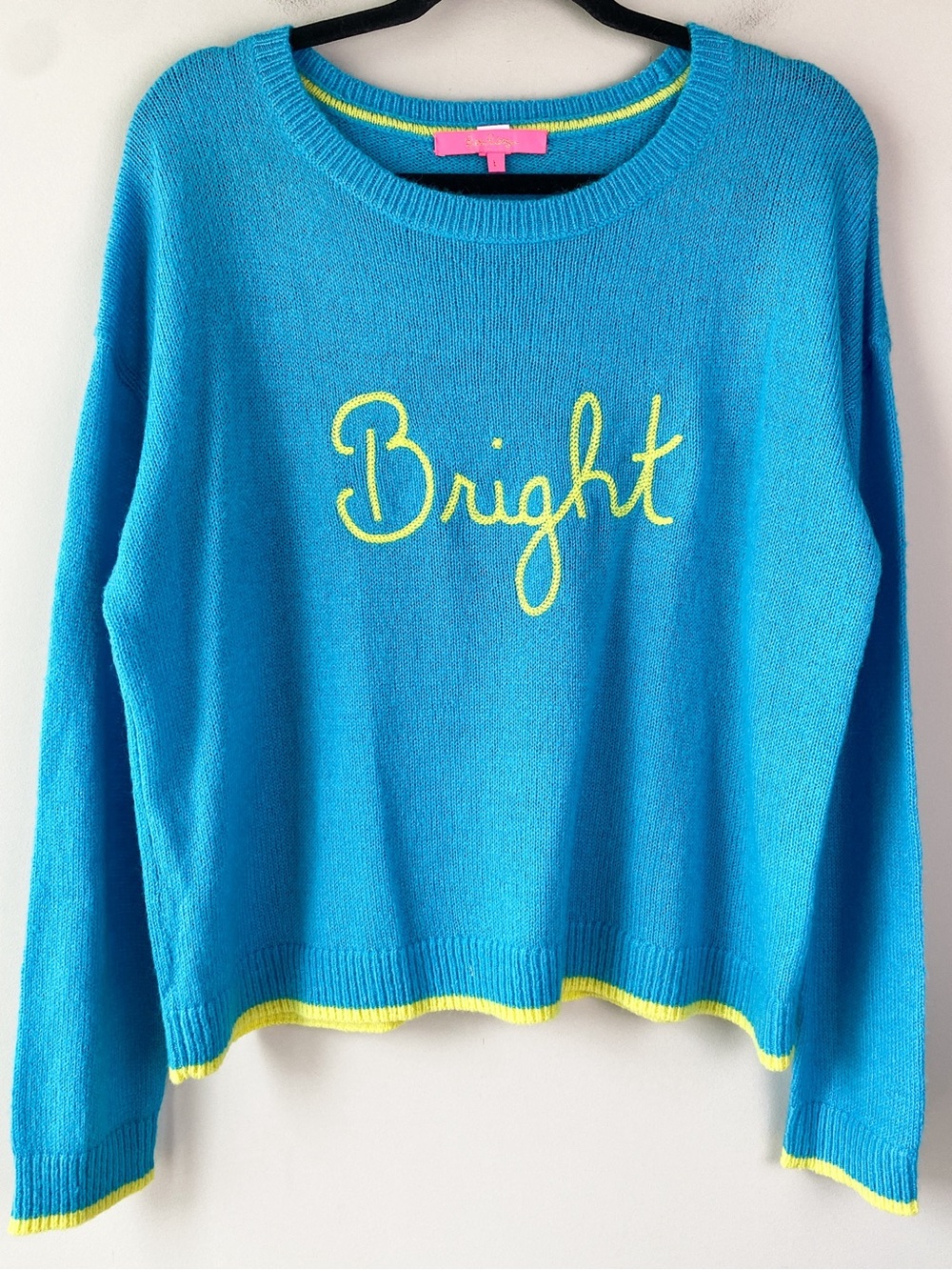Lilly Pulitzer Womens Charlton Sweater L Turquoise Blue Bright Embroidered Wool